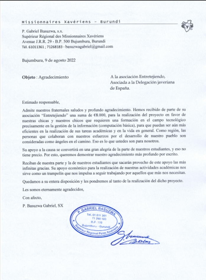 Carta de agradecimiento desde Burundi